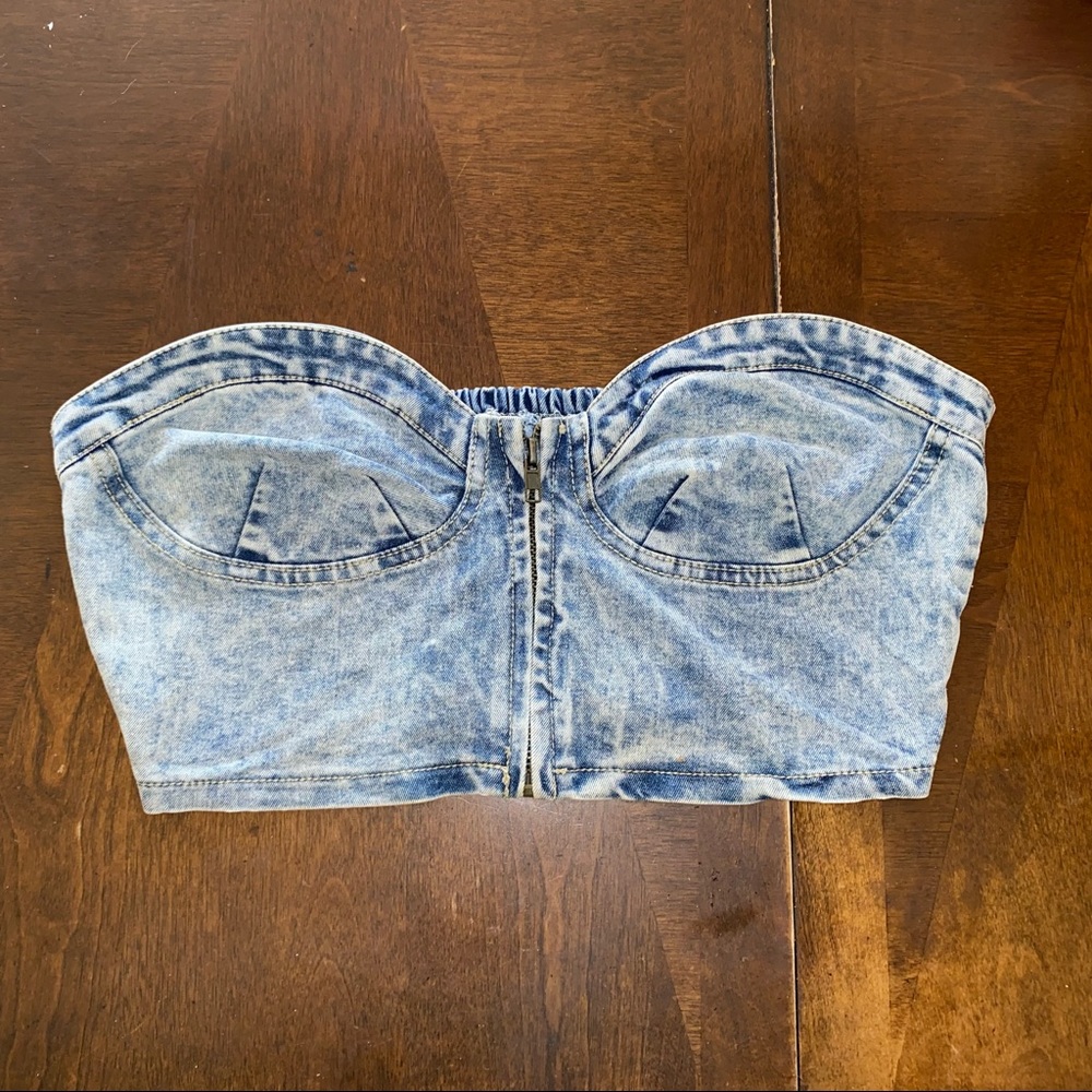 Acid Wash Cropped Denim Bustier Top 🦋